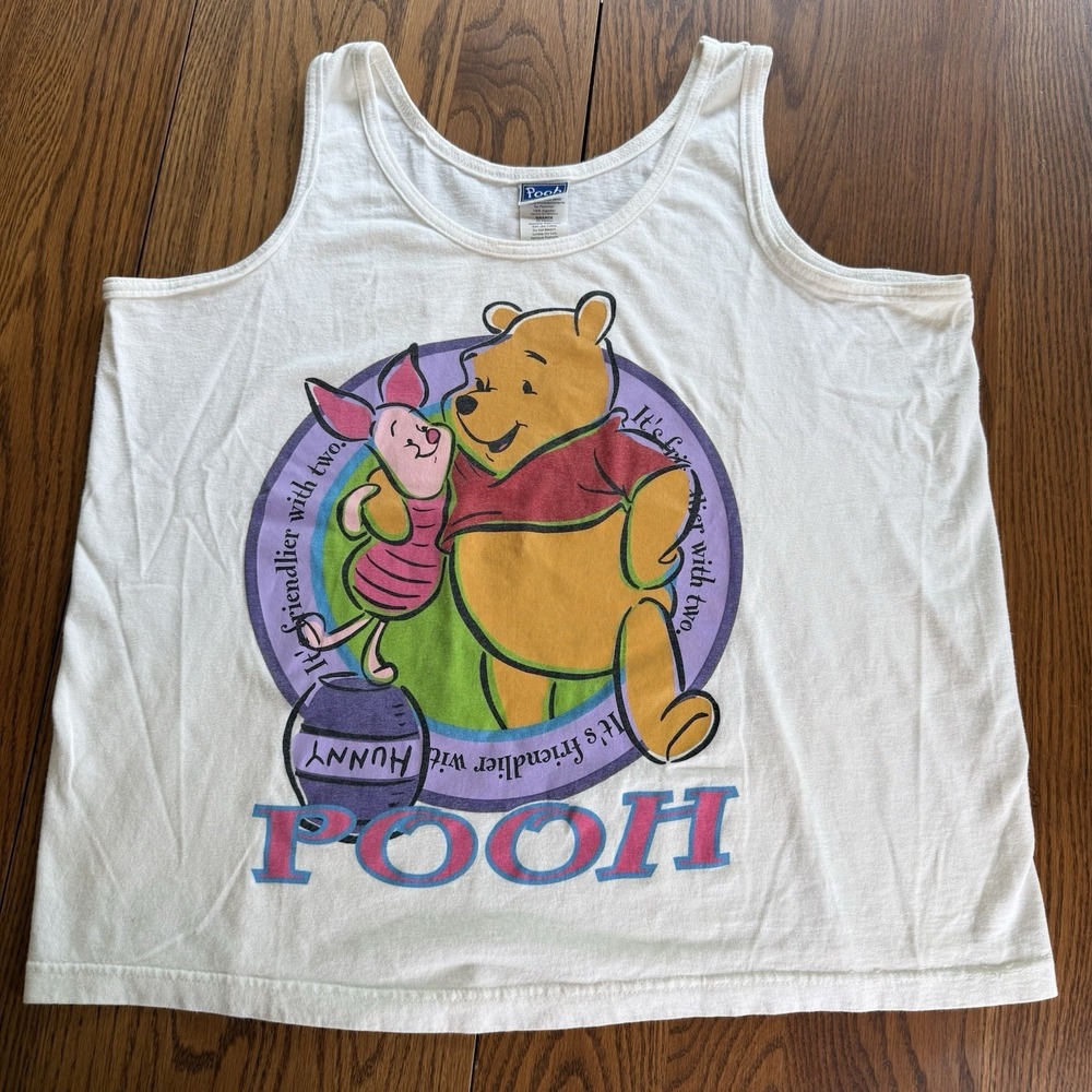 Vtg Disney Winnie the Pooh Tank Top Large White Graphic Pooh Piglet 90s Boxy